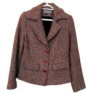 A & K  Designs pink/brown/white fitted blazer 50%wool/35%polyester/ 15%acrylic